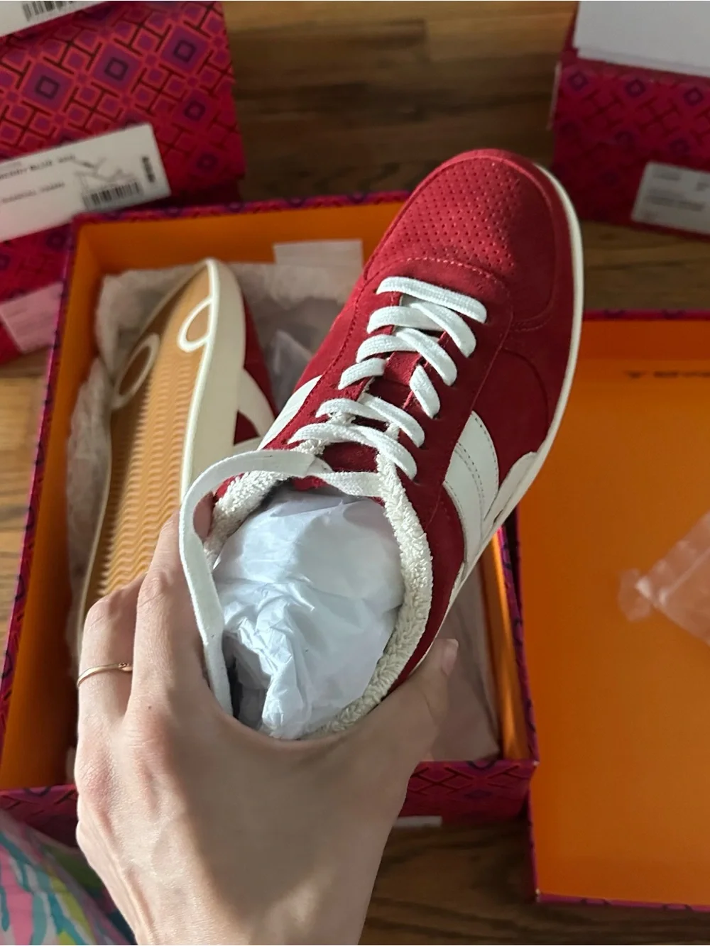 Tory Burch Red Suede Lace-Up Sneakers with White Trim